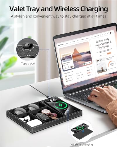 Valet Tray with Wireless Charger, Nightstand Organizer for Men, EDC Catchall Tray for Keys, Watch, Wallet, Jewellery, Premium Vegan Leather, Bedside Caddy, Stylish and Organized, Black2