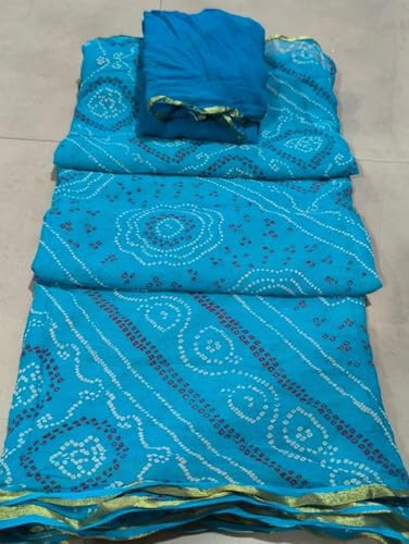 Image of Women's Jaipuri Viscose Georgette Saree, Zari Checks Pattern, Handmade Laddu Bandej Design, Contrast Blouse
