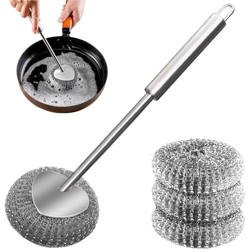 Éponges en Acier Inoxydable avec Poignée,Brosse à Récurer en Laine d'acier,Eponge Grattante la...