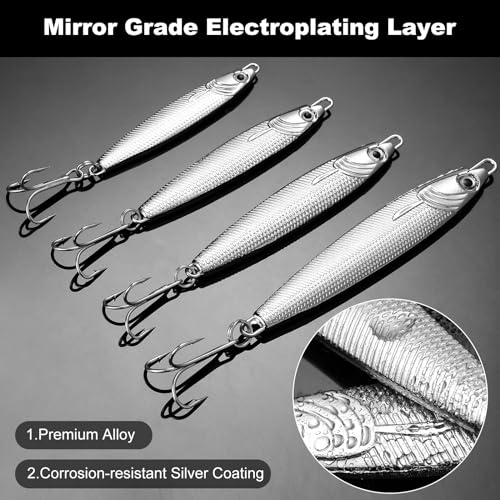 Annyswit 4 Pcs Metal Sea Fishing Lures with Trebles Hooks Silver Minnow Spoon Lures 20g 30g 40g 60g Pike Sea Fishing Tackle Metal Jigs for Mackerel & Cod & Bass & Freshwater - Image 3