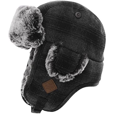 Jeff & Aimy Mens Winter Snow Buffalo Plaid Trapper Faux Fur Hunting Hat for Women Earflap Windproof Ushanka Russian Trooper Ear Protection Grey XL 61CM Cover