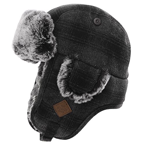 Jeff & Aimy Mens Winter Snow Buffalo Plaid Trapper Faux Fur Hunting Hat for Women Earflap Windproof Ushanka Russian Trooper Ear Protection Grey XL 61CM