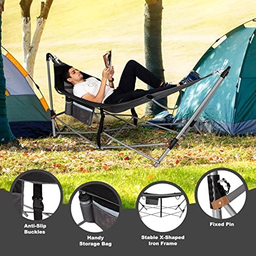 COSTWAY Folding Hammock with Metal Stand, Carrying Bag, Anti-Slip Buckle and Storage Pocket, Portable Travel Lounge Camping Bed, Outdoor Garden Patio Swinging Hammock (234 x 83 x 89cm, Black)