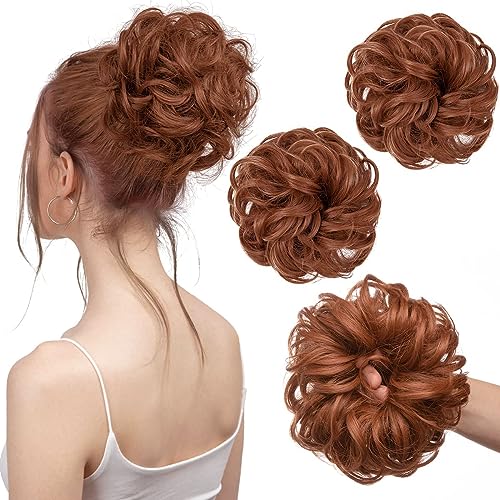PORSMEER Messy Hair Scrunchies - 2pcs Curly Wavy Synthetic Donut Updo Hair Pieces, Easy Chignons for Women Girls in Copper Red