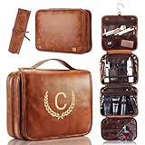 OXYEFEI Personalized Hanging Travel Toiletry Bag Gift for Men,Engraved Initial PU Leather Mens Large Toiletry Travel Essential Organizer Dopp Kit Shaving Bag for Him Birthday (C, Light Brown)