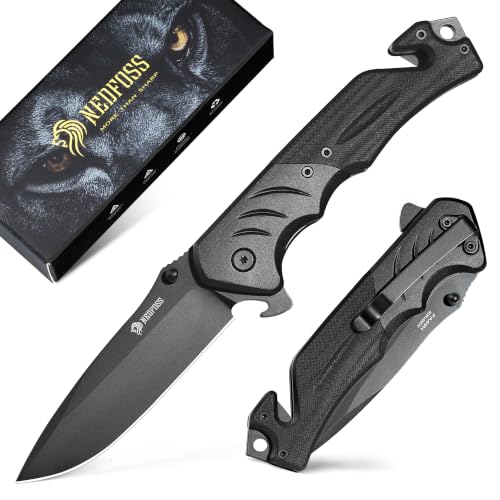 Image of NedFoss FA49 Black Tactical Pocket Knife, 4-in-1, 3.4 inch 8Cr14Mov Steel | Upgraded, Preciser, Lightweight Aluminum Bolster G10, Glass Breaker Seatbelt Cutter, Bottle Opener, for Camping Survival Work