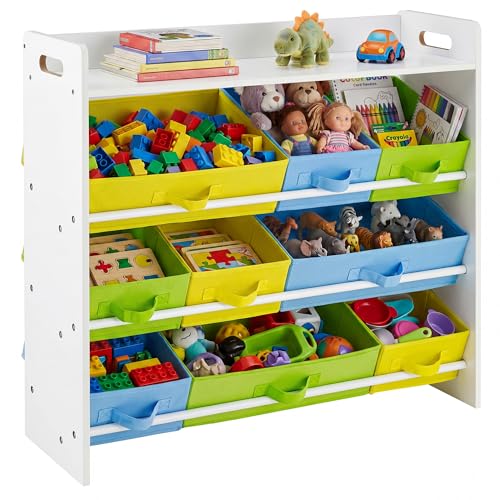 Image of SONGMICS Toy Organiser with 9 Removable Non-Woven Fabric Bins, Kid’s Storage Unit and Bookshelf for Nursery Playroom, Wooden Frame with Shelf, White GKR31WT