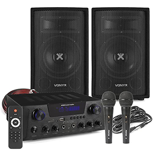 Fenton AV430B Home Karaoke System – Bluetooth Amplifier, Vonyx SL6 DJ Speakers, Dual Wired Microphones, Complete Adults Karaoke Machine Package