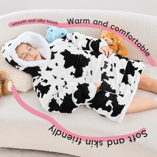 yescool Wearable Blanket Hoodie Kids, Oversized Blanket Sweatshirt with Sherpa Teen Girl Gifts for Kids, Youth, Boys, Girls, 8-15 Year Old Girl Boy Gift Warm Teen Wearable Blankets, One Size, Cow