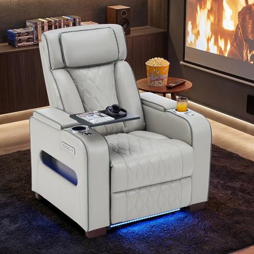 Image of Luxury Home Theater Seating, Dual Motor Power Recliner Chair with Adjustable Headrests, Reclining Movie Theater Seats with Extended Footrest, Tray Table for Living Room (Grey)