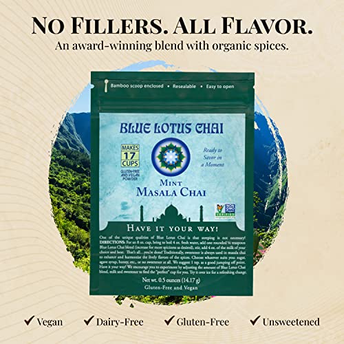 Blue Lotus Chai - Mint Masala Chai - Makes 17 Cups - 0.5 Oz Pouch Masala Spiced Chai Powder With Organic Spices - Instant Indian Tea No Steeping - No Gluten #TOP2