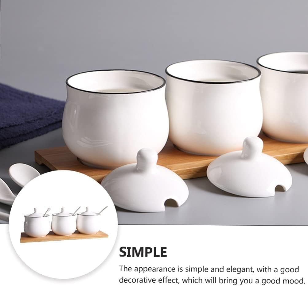 Porcelain Condiment Jar Spice Container with Lids Ceramic Serving Spoon Wooden Tray Best Pottery Cruet Pot for Home Kitchen Counter White