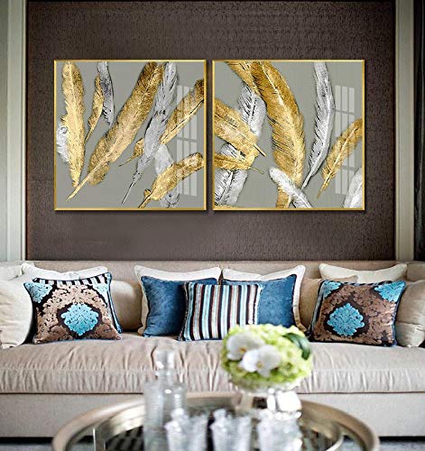 Peinture sur Toile Plumes Dorées et Art Mural Minimaliste 50x50 cm Lot de 2 Pièces Sans Cadre