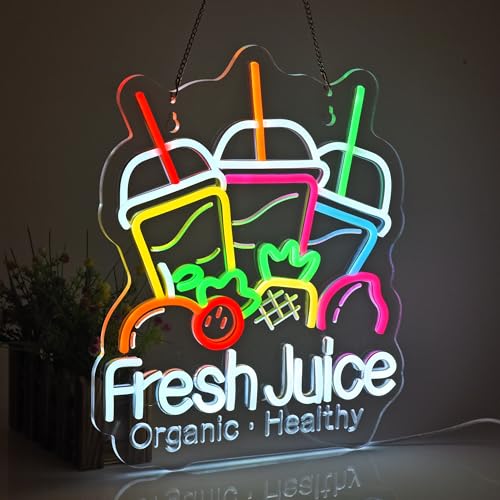 Image of Fresh Juice Neon Sign, Neon Lights Hanging Wall Art Decoration for Juice Bar Shop Food Truck Market Bakeries Cafe Celebration Home Decor, USB Powered Ultra Bright Dimmable, 15.35x12.6inches