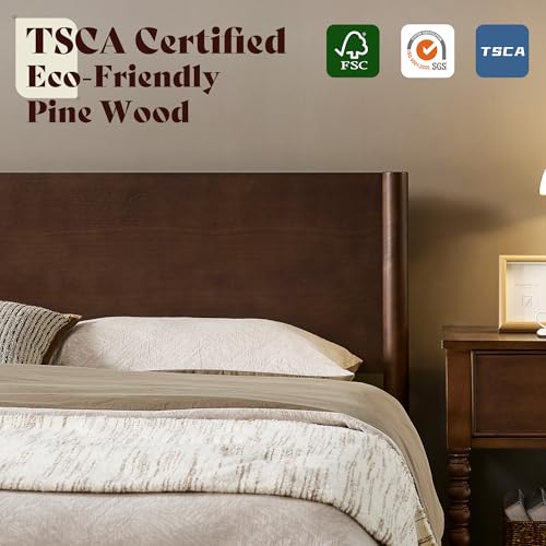 Image of AMERLIFE Solid Wood Twin Bed Frame, Mid Century Modern Platform Bed with Full Panel Headboard, Noise-Free & Cylindrical Legs, No Box Spring Needed, Under-Bed Storage, Dark Walnut