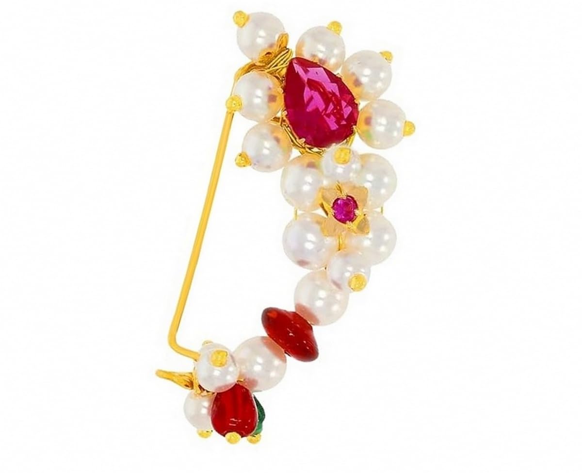 vama Maharashtrian Marathi Nath White Pearls Design Nose Ring Without Piercing Clip on Nose Pins For Women Girls-picture-24