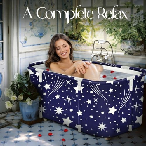 Image of Portable Foldable Adult Bathtub for Home, Large Plastic Soaking Tub with Drain Pipe, Freestanding Spa Bath Tub for Hot & Cold Bath, Balcony & Small Bathroom Use (Star Blue)
