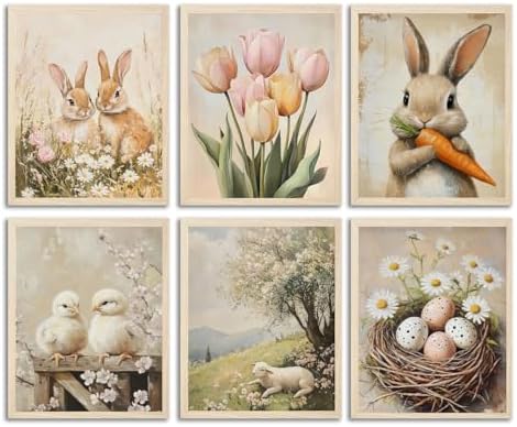Amazon.com: RERNIE 6pcs Easter Wall Art Canvas Prints Vintage Bunny ...