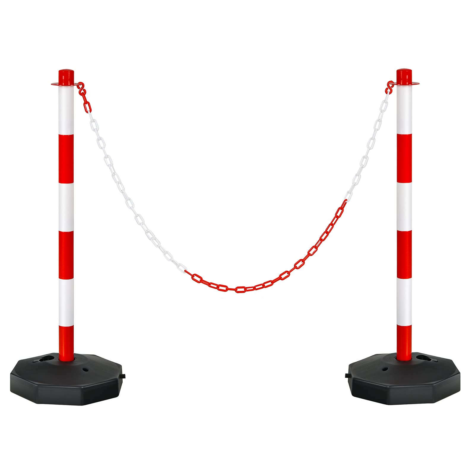 COSTWAY 2Pcs/6Pcs Plastic Chain Posts, Free Standing Safety Chain Barrier with 1.5M Link & Fillable Base, Traffic Delineator Poles Stanchion for Warning Parking Lot Construction (Red+White, 2 Pcs)
