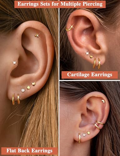 LOLIAS Hypoallergenic Surgical Steel Earrings for Sensitive Ears -14K Gold Plated Flat Back Earrings for Women Men- Small Stainless Steel Stud Hoop Earring Set Flatback Cartilage Earring Stacks
