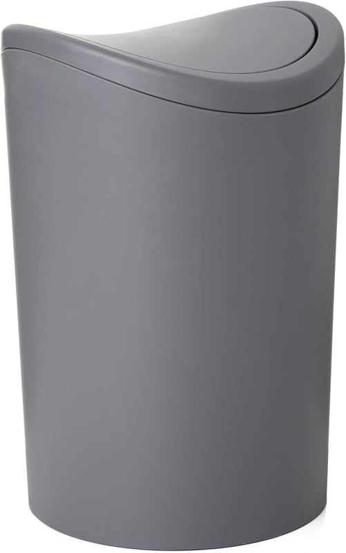 MIni Bathroom Trash Can with Lid, Modern Grey Mini Waste Bin with Swing Lid (1 1/2 Gallon, 6 Liter) Plastic Garbage Can for Kitchen, Bathroom, Bedroom, Office, Under Desk (1, Grey)