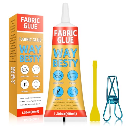 Waybesty Fabric Glue, 40ml Fabric Glue for Clothing Permanent Washable, Waterproof Clear Leather Adhesive for Cotton, Flannel, Denim, Leather, Polyester, Doll Repair