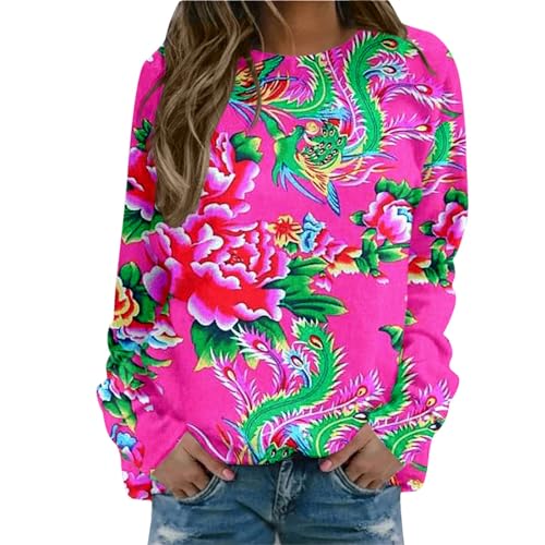 Sweat col rond fuchsia pour femme, pull d'automne léger et vintage
