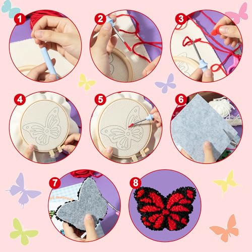 Image of WATINC Butterfly Punch Needle Coaster Kit - 22Pcs Easy Art Work Decor Craft Supply for Beginners, DIY Set of 6 Butterflies Tufted Rug Pads with Adhesive Felt Yarns Embroidery Hoop Tools Instruction