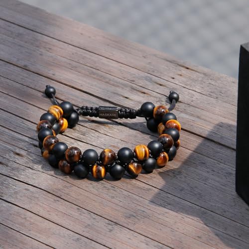 Premium Tiger Eye Bracelet Gift for Men, HASKARE Energy Protection Crystal Real Tigers Eye Black Onyx Beads Bracelets, Handmade Crystal Bracelet Men Bracelets Father Christmas Gift for Him Stress Relief3