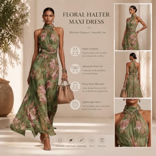 Womens Fall Boho Dresses Halter Flowy Floral Wedding Guest Maxi Dress Green - image 4