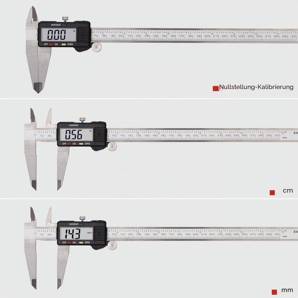 Messchieber, 30 cm, digital, LCD-Display, Edelstahl, metrische Umrechnung, Präzisionsgerät, mit Batterie, Hülle
