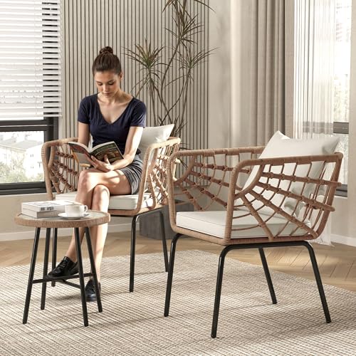 DWVO Accent Chairs Set of 2, Wicker ArmChairs with Soft Cushion, Comfy Living Room Chairs Modern Reading Arm Chairs with Table for Living Room, Bedroom, Balcony, Beige