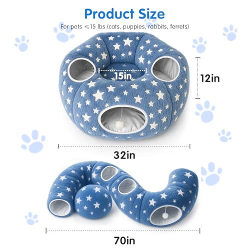 Image of Cycodo Indoor Cat Tunnel Bed,Shape-Shifting Pet Cave with Circle Cushion,Luminescent Donut Tunnel Toy for Kitten /Puppy /Rabbit (Starry Blue)
