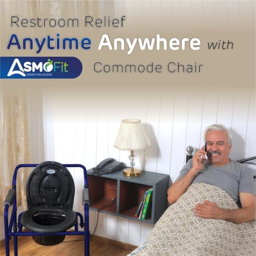 Image of Foldable Commode Chair Height Adjustable Use in Room or Over Toilet, Potty Chair with Armrests, Bedside Commode - Ideal for Adult, Pregnant Women, Elderly - Weight Capacity 100KG (With Wheels - Blue)