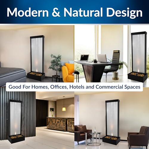 Image of Alpine Corporation MLT170L 72 inch Waterfall Fountain with LED Light Cascading Textured Glass & Aluminum Floor Design, Indoor, Black