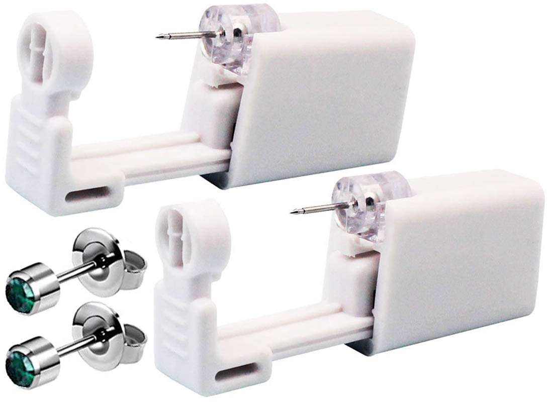 2 Pack Self Ear Piercing Kit, Ear Piercing Gun Kit Self Ear Piercing Gun Self Ear Piercing Gun Kit Tool With Earrings (Green)