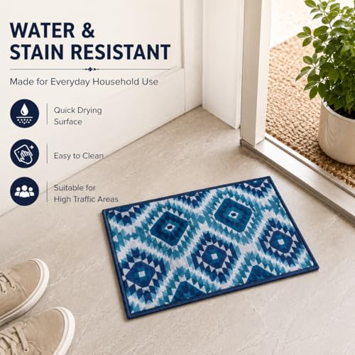 Image of Matz&More Pattern Aztec Diamonds Floor Mat | 40x60 CM | Blue | Nylon Tufted Gel Baking Anti-Slip | Doormat for Home Entrance, Kitchen & Bedroom