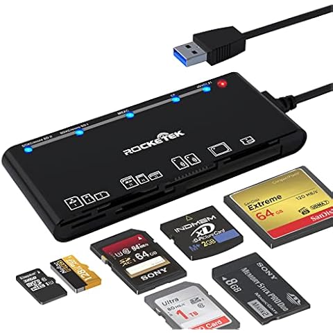 Card Reader USB 3.0, Rocketek 7 in 1 Memory Card Reader, USB 3.0 (5Gbps) High Speed CF/SD/TF/XD/MS/Micro SD Card Solt All in one Card Reader for Windows XP/Vista/Mac OS/Linux,etc Cover