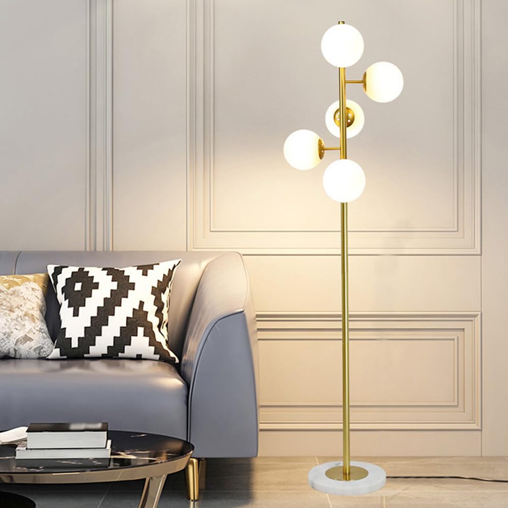HGJHJJHK Mid Century 65" 5-Globe Glass Floor Lamp Marble Base Floor Light E26 Dimmable Tall Lamp with Foot Switch Iron Body Standing Light for Living Room Reception Room Study
