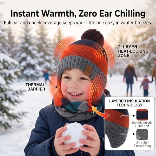 Image of LMLALML Boys Winter Hat Earflap Knitted Beanie for Kids Warm Fleece Lined Thicken Hat for Baby