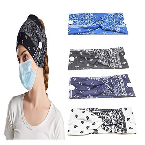 Women Headbands with Button 4 Pack Boho Paisley Head Wraps Vintage Print Leopard Hair Band Mask Holder for Nurses Doctors Workers Girls (Style A)