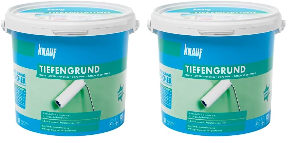 Knauf Tiefengrund, tiefenwirkende Grundierung für saugende Untergründe – Primer, Haft-Vermittler zum Auftragen von Farbe und Schutz – gebrauchsfertig, lösemittelfrei und schnell trocknend, 5-l