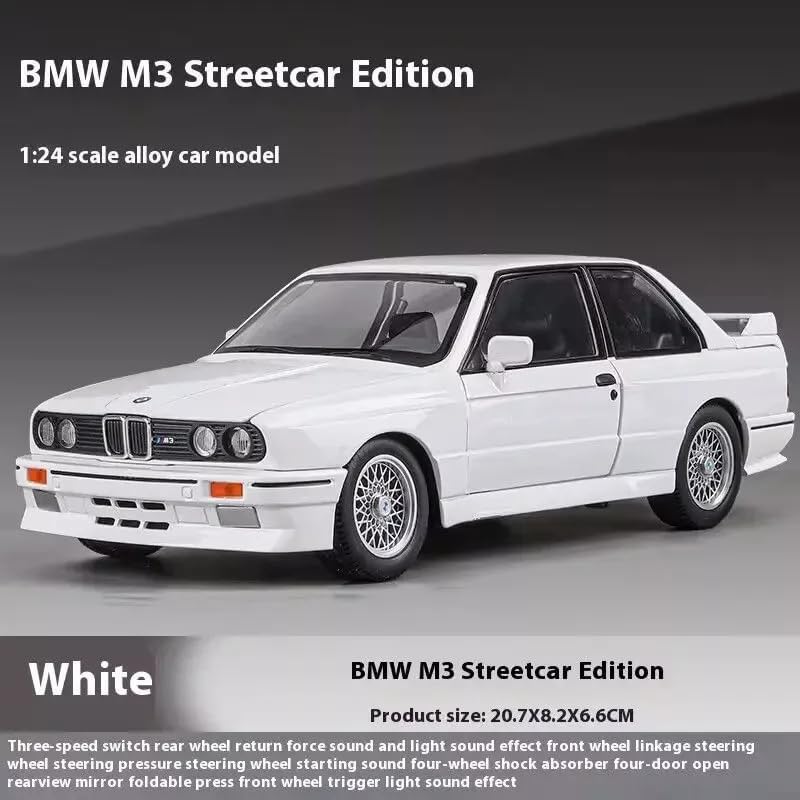 Image of WORSHIPER Big size1:24 B-M-W M3 E30 1988 1:24 diecast Metal Pullback Toy car with openable Doors & Light, Music Boys car for Kids Best Toys Gifts Toys for Kids (1:24 B-M-W M3 E30 -White)