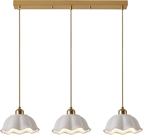 Lámpara colgante colgante de 3 luces doradas para isla de cocina, luz de vidrio de leche vintage, onda blanca ajustable, lámpara de techo colgante