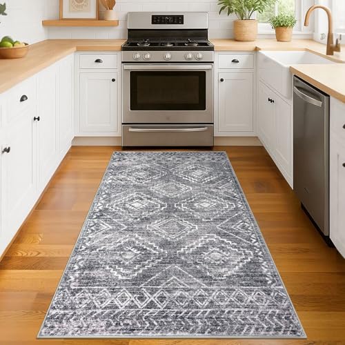 KILOCOCO Boho Entryway Rug 3x5 Area Rug Washable Non Slip Throw Rugs Soft for Kitchen Living Room Dining Bedroom Geometric Moroccan Carpet, Grey