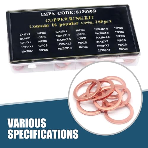 Image of 200 PCS Automotive Copper Gaskets, High Temperature Resistant Flat Washer Combination Kit, Oil Pan Plug Sealing Gasket, Universal for Most Cars (Gold)