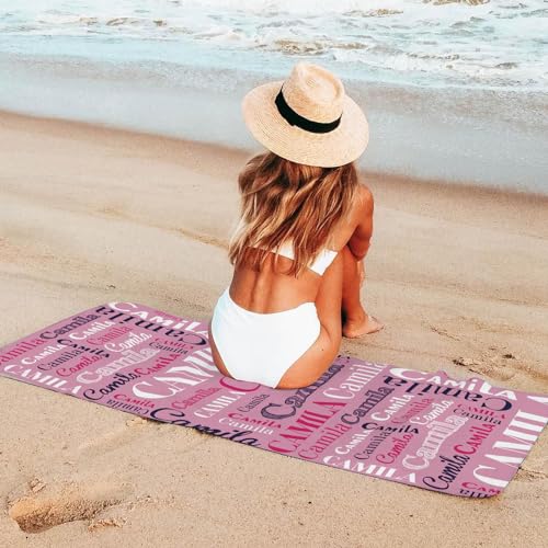 KAINSY Personalized Pink Beach Towel with Travel Bag, Custom Name Beach Towel for Kids Adult, Microfiber Oversized Lightweight Absorbent Quick Dry Bath Pool Towel, Gift for Beach and Pool Lovers