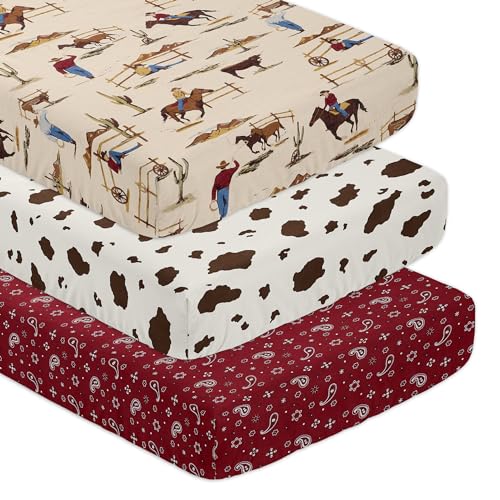 Image of Sweet Jojo Designs 3-Piece Baby Crib Sheets Set (Western Cowboy) for Boys, Infant Nursery, Toddler Room - Fitted, Standard Size (Bandana, Paisley, Cow Print, Farm, Horse, Wild West, Country, Southern)