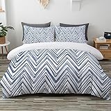 TOPTREE Geometric Blue Duvet Cover Queen - Modern Indigo Blue Chevron Bedding Set 3 Piece Blue and W