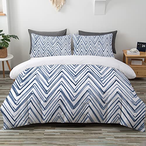 Toptree Geometric Blue Duvet Cover Queen - Modern Indigo Blue Chevron Bedding Set 3 Piece Blue And White Bed Set For Women Adults (Queen, Blue Chevron) #TOP9
